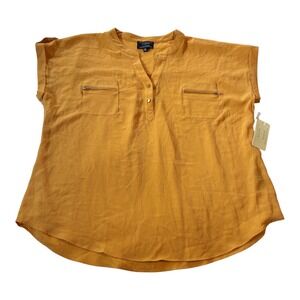 Flower & Feather 3XL Mustard Yellow Short Sleeve Zipper Pocket Blouse Top‎
